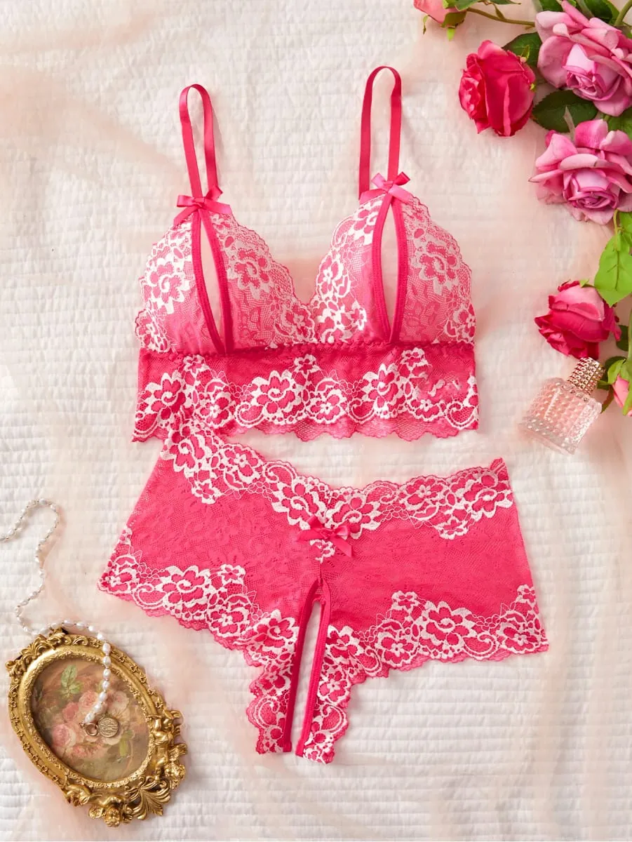 4 Sets Combined Romantic Lingerie Open Bra Transprent Underwear Set Crotchless Lace Pullover Outfits Embroidery No Pad Wireless