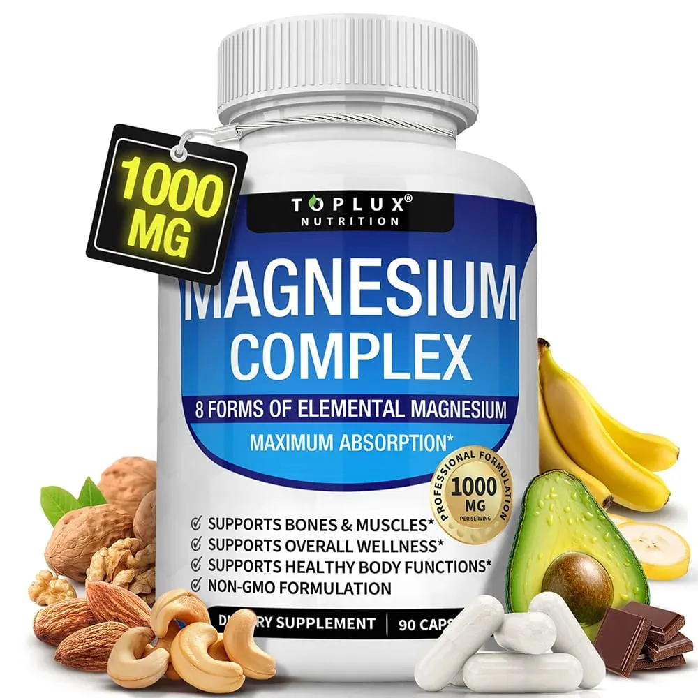 Magnesium Complex Supplement 1000mg - Magnesium Glycinate Citrate Malate Taurate for Bones Muscle Energy 90 Vegan Capsules