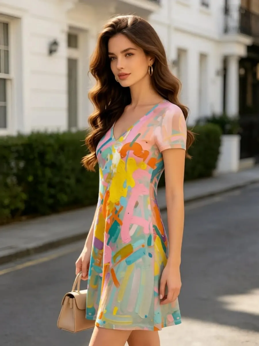 Floral Print Womens V Neck Short Sleeve A Line Dress Relaxed Summer Everyday Dress for Everyday Wear Holidays Travel and Parties