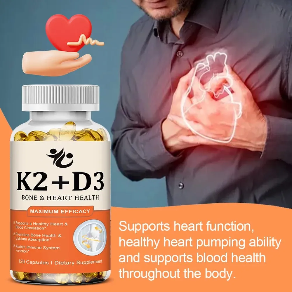Vitamin D3 5000 IU + K2 MK-7 100mcg Capsules Support Nutrient Absorption Metabolism Bone Heart Health & Immune System
