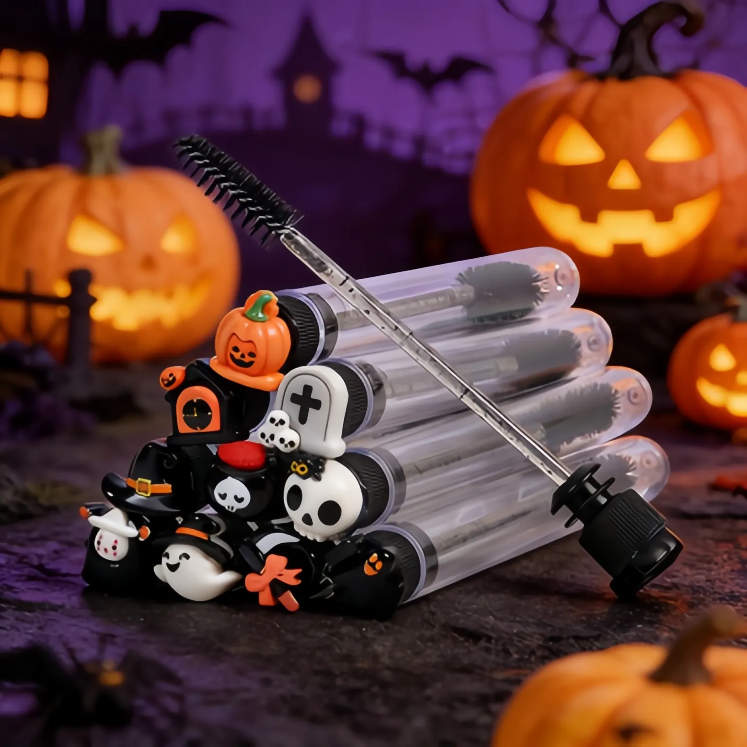 10pcs Professional Halloween Tube Mascara Wand Spooky Horror & Cute Face Brushes Eyelash& Eyebrow Grooming Kitfor Parties