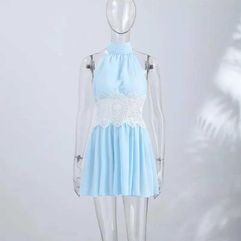 Sexy Hollow Out Women's Mini Dress Beach Pleated Lace Up Backless Sleeveless Female Dresses 2026 Summer Vacation Lady Robe