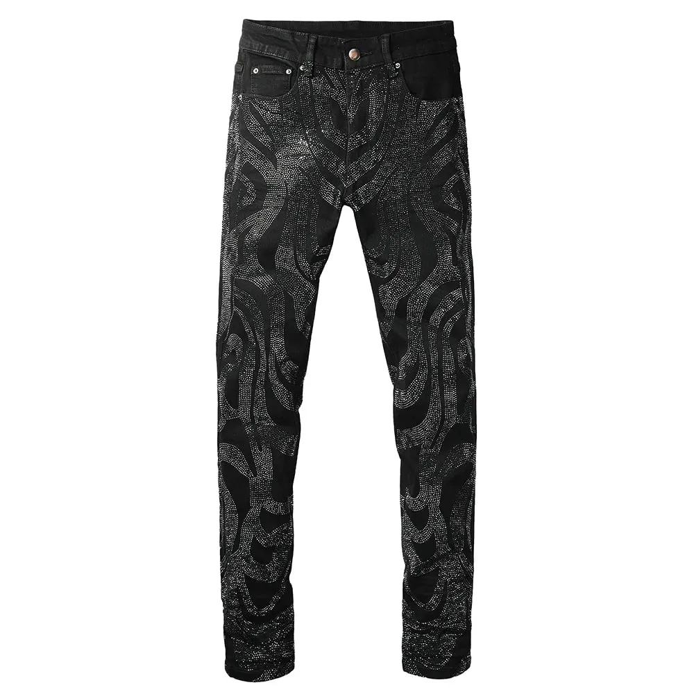 Men Crystal Denim Jeans High Quality Rhinestone Stretch Pants Streetwear Black Skinny Tapered Trousers — image 9