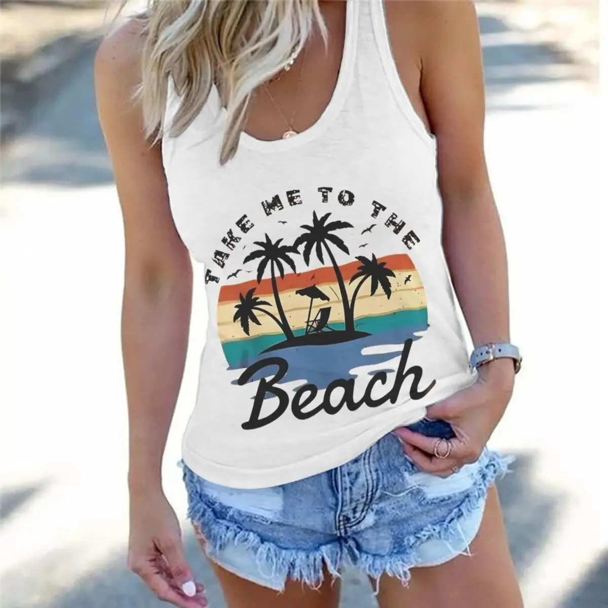 Women Vintage Take Me To The Beach Graphic Racerback Tank Top Summer Vacation Retro Sunset Palm Tree Sleeveless Basic-Fit Vest