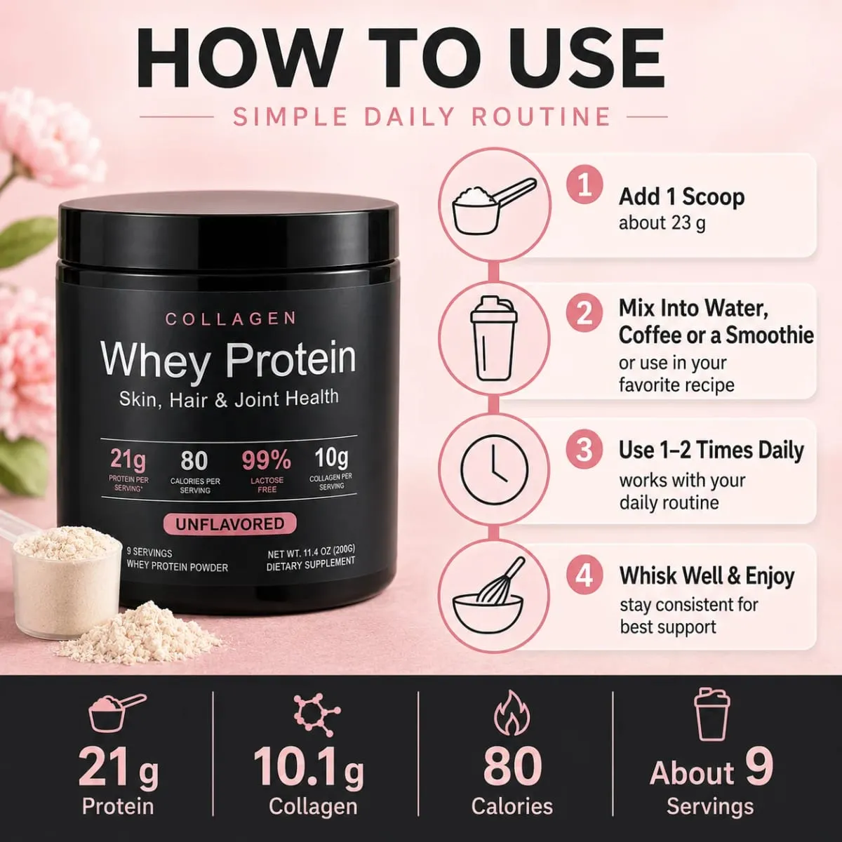 Collagen Whey Protein Powder 21g Protein 10g Collagen Peptides Unflavored 99% Lactose Free Fitness Nutrition Shake 9 Servings