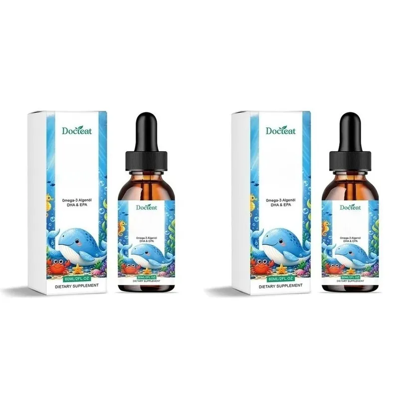 Docteat pflanzliches Omega-3-Algenöl, DHA, EPA, flüssige Tropfen, Gehirngesundheit für Kinder, vegan, gentechnikfrei, tägliche Ernährung, Orange, 60 Portionen