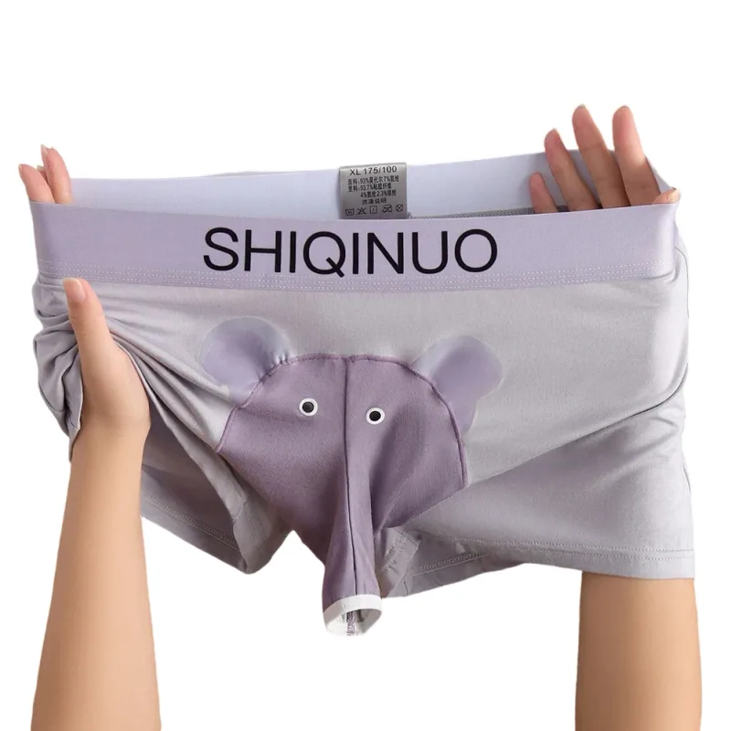 Men Cute Elephant Print Boxer Briefs Elastic Letter Waist 3D Pouch Soft Breathable Daily Sleep Home Casual Comfy Underwear Wear