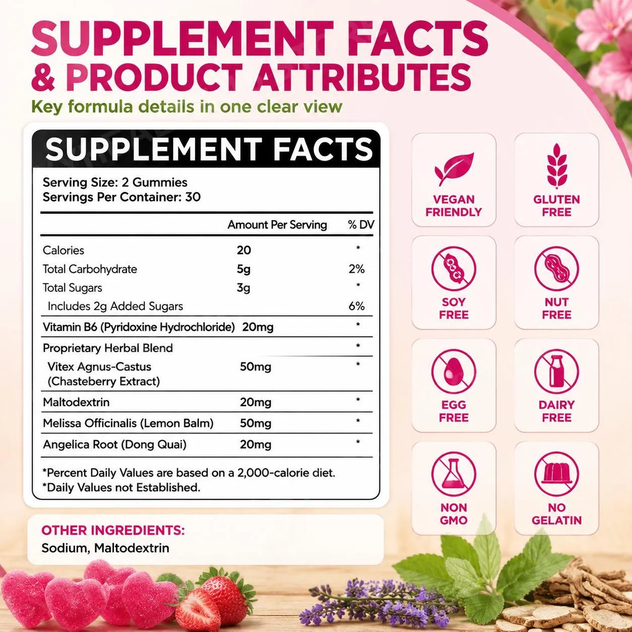PMS Support Gummies with Chasteberry Vitex Dong Quai Vitamin B6 & Lemon Balm for Women's Monthly Wellness & Mood 60 Gummies