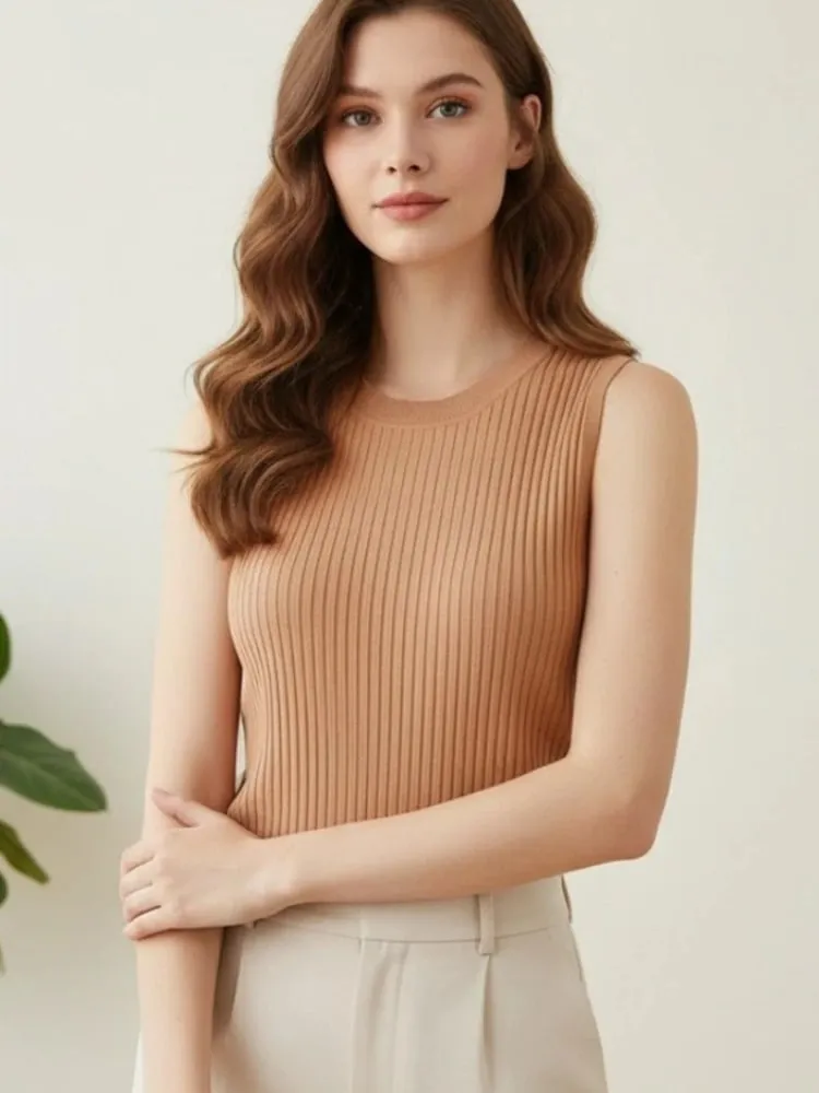 2026 Korea Knitted Vests Women Top Summer Sleeveless Blouse Women Tops Women O-neck Knitted Blouse Shirt Clothes