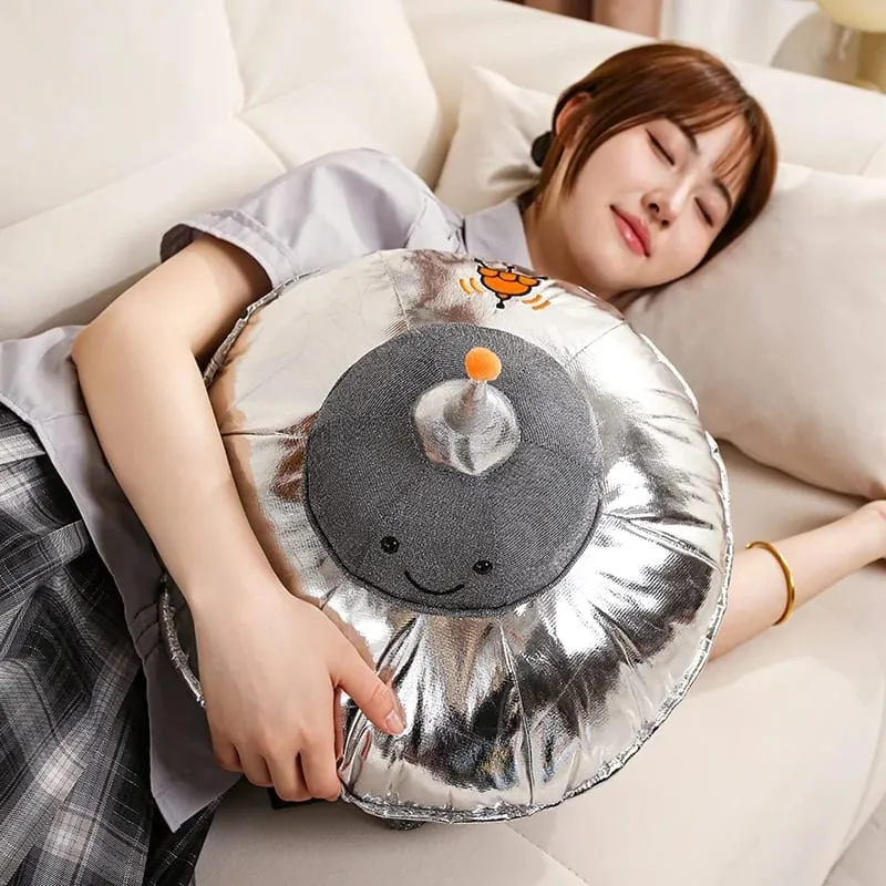 Cute UFO Plush Pillow Silver Metallic Flying‑Saucer Stuffed Toy Soft Alien Spaceship Plush Cushion Space‑themed Home Decor Gift