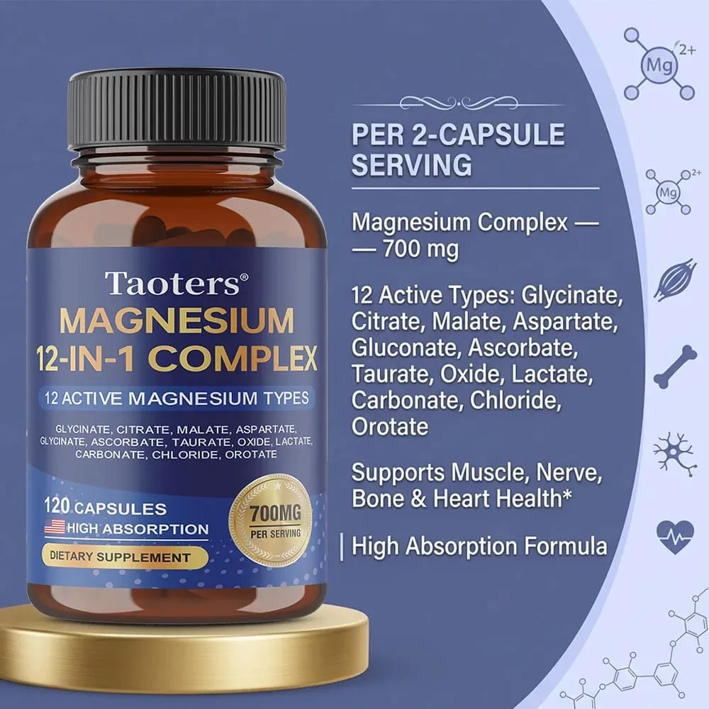 อาหารเสริมแมกนีเซียม 12-in-1 ที่ซับซ้อน – 700 มก. การดูดซึมสูง Glycinate Citrate Malate และ Taurate Blend สำหรับการนอนหลับของเส้นประสาทกล้ามเนื้อ