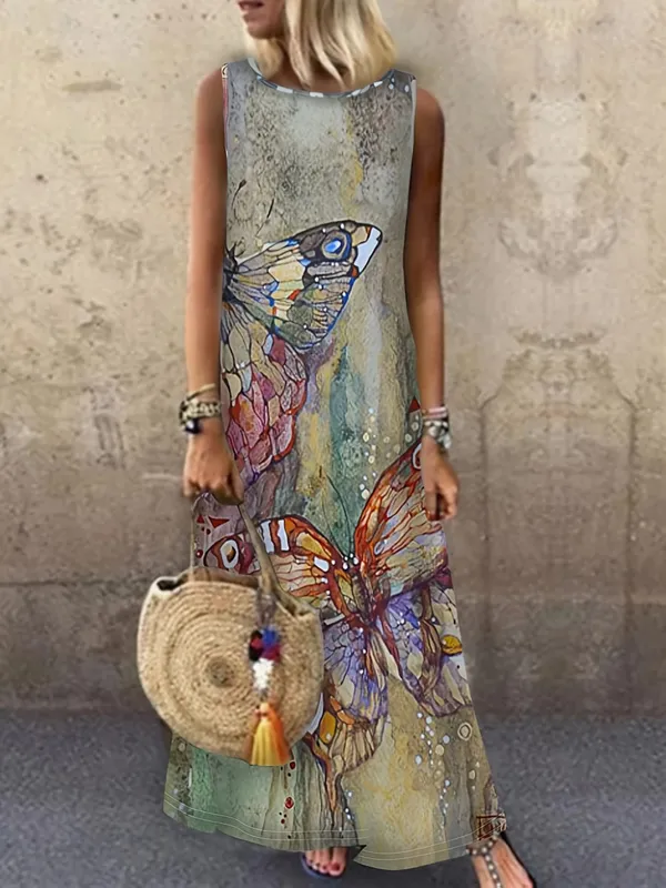 Vintage Floral Printed Women Sleeveless Sundress Summer Loose Casual Beach Long Dress Ladies Bohemia Maxi Dresses Party Vestidos