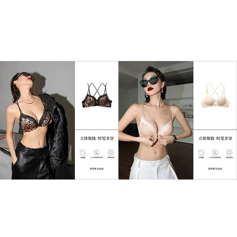 Victoria Style Wireless Lingerie Set Pink Leopard Pattern Front Closure Bra Sensual Back Push Up for Small Bust 32-38