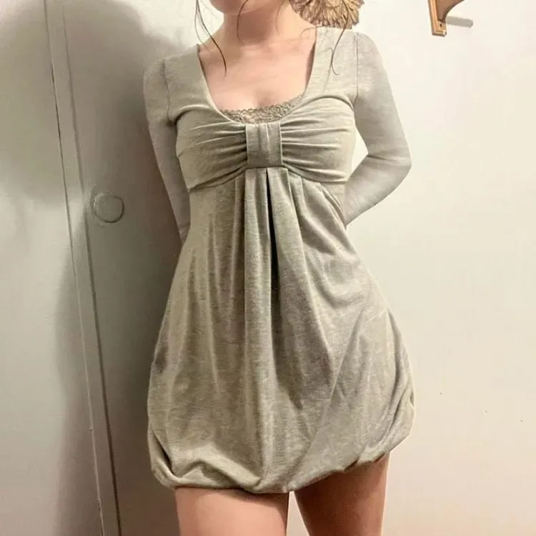 Elegantní sladká mašle Patchwork Falešné dvoudílné šaty Sexy šaty s čtvercovým límečkem pro ženy S dlouhým rukávem Volné Vestidos Dámské