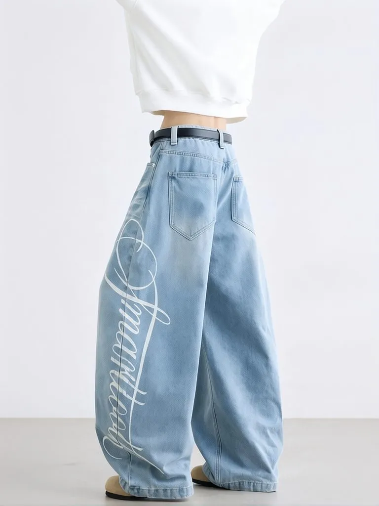 Y2k Printed Letter Baggy Jeans Men Wide Loose Curved Pants Streiaght Long Trousers Work Wear Denim Pants Casual