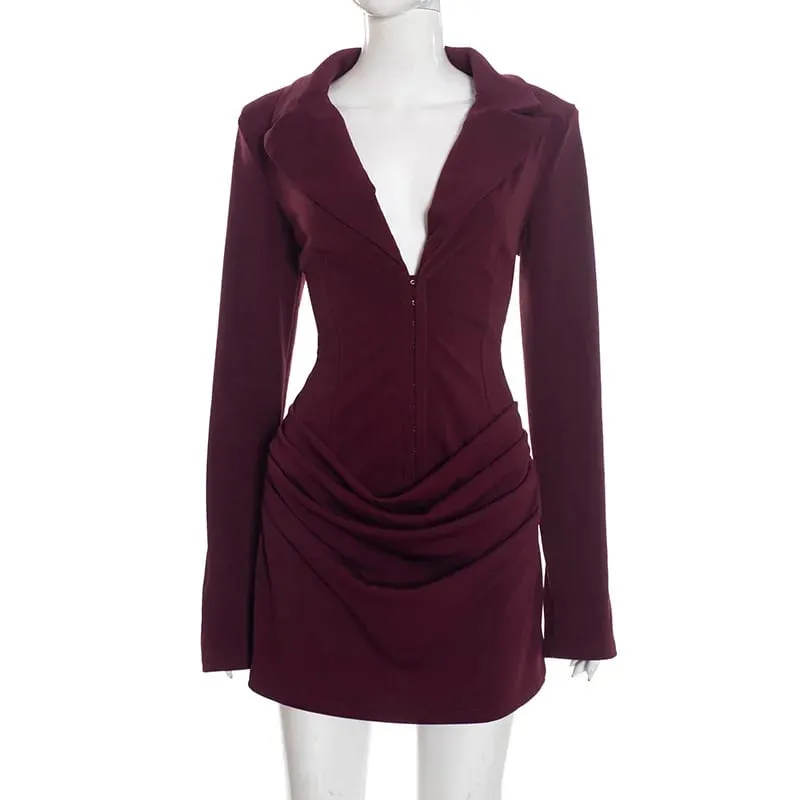 Chaxiaoa Long Sleeve Deep V Neck Ruched Sexy Mini Dress Women Autumn Winter Fashion High Waist Club Party Blazer Dresses Female