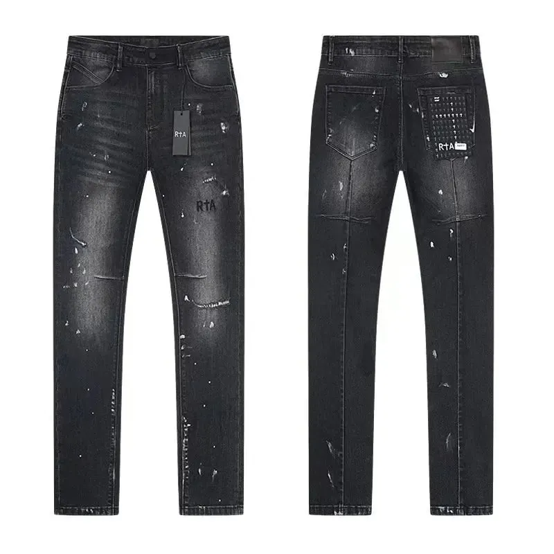 2026 RTA Men's Slim Fit Jeans Collection Distressed Ripped Paint Splatter Studded Patch Vintage Washed Streetwear Fashion Pants