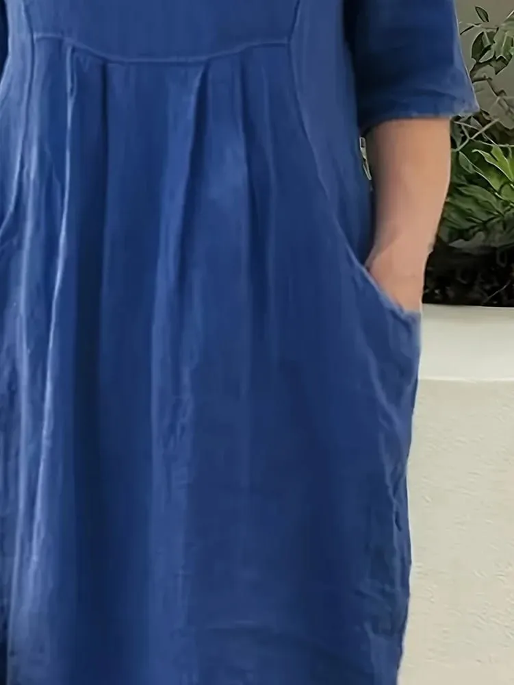 Plus Size 1XL-5XL Women's Loose-Fit Cotton-Linen Pocket Summer Round-Neck Short-Sleeve Dress and Beach Party Dress