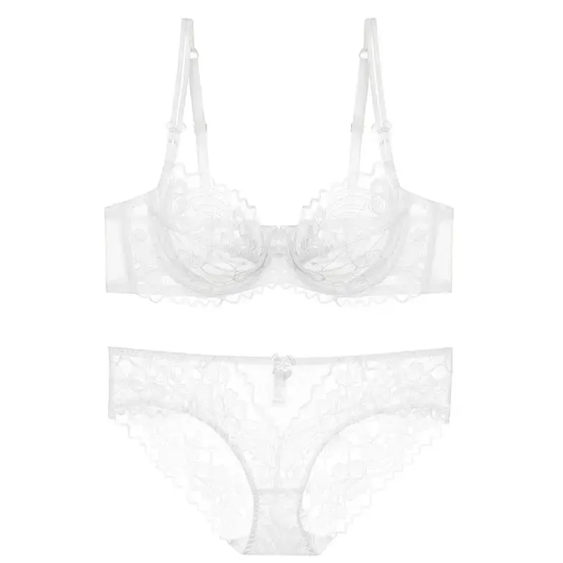 Everyday Lace Lingerie Ultra-thin Breathable Upper Support Anti-sag No Sponge Transparent Bra Set ladies Basic Underwear S-XL