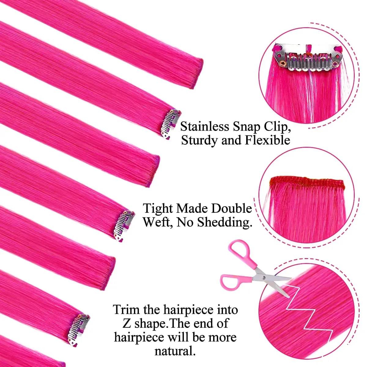 22Inch 10Pcs Colored Highlight Synthetic Hair Extensions Pink Straight Hairpieces for Women Kids Girls Party Cosplay