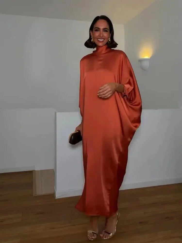 Women Solid Satin Maxi Dress High Neck Batwing Sleeve Loose Fit Front Slit Dresses Lady 2026 Summer Elegant Evening Party Outfit