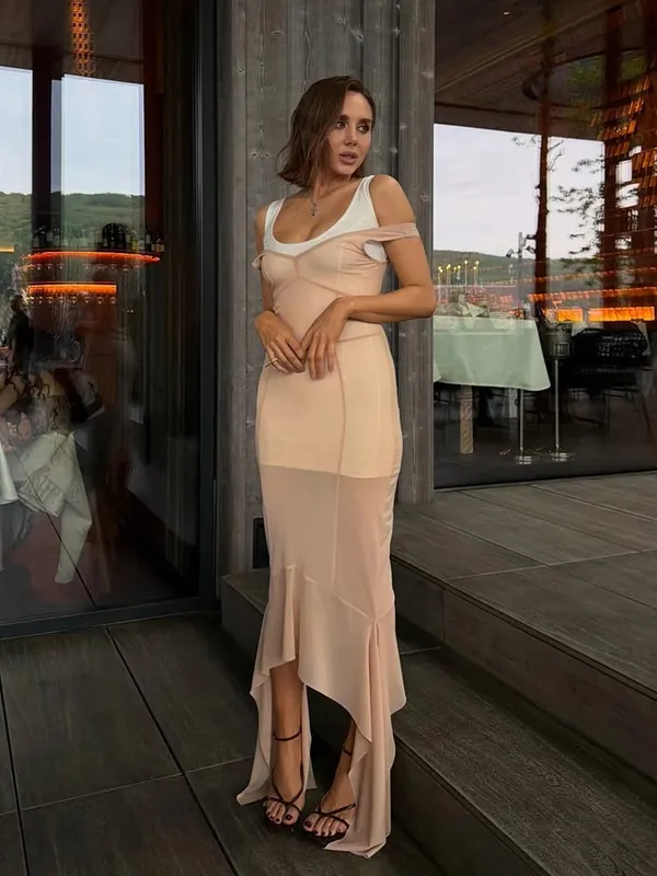 Elegant Mesh Cover Up Maxi Dress Women Sleeveless Lace-trim Corset Long Dresses Ladies Summer Beach Party Vacation Outfit 2026