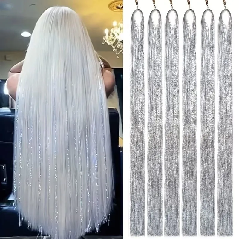 38Inch Tinsel Hair Extensions 6Pcs Sparkling Glitter Hair Synthetic Shiny Hair Accessories for Women Girls Party Cosplay