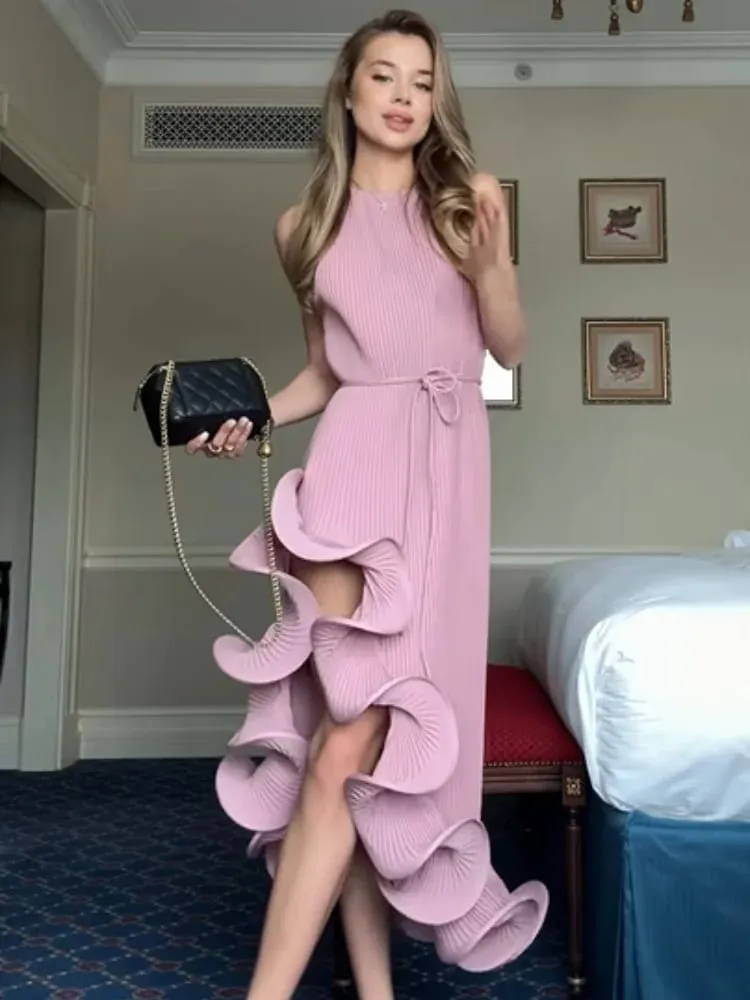 Elegante irregular plissado halter vestido feminino chique sem mangas fora do ombro rendas magro midi vestidos 2026 senhora vestidos de festa de noite