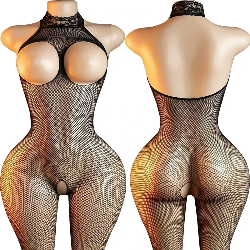 Black Fishnet Off-Shoulder Open-Crotch Bodystocking Lingerie Set Sexy Crotchless Teddy Bra Women's Erotic Underwear
