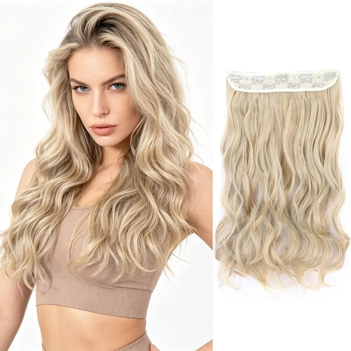 Synthetic clip in hair extensions 5 clips in one piece high temperature fiber wavy hairpieces for women daily party holiday
