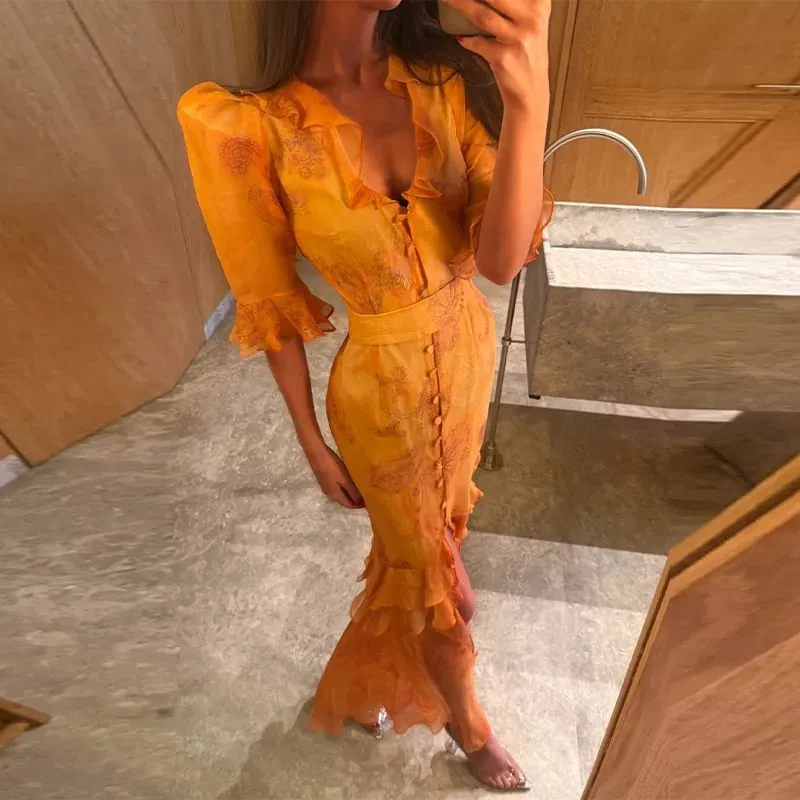 Sexy Printed Flower Long Women's Dress Sleeveless Waist-Closed Slash Neck Lady Dresses Summer Sling Vacation Holiday Robe