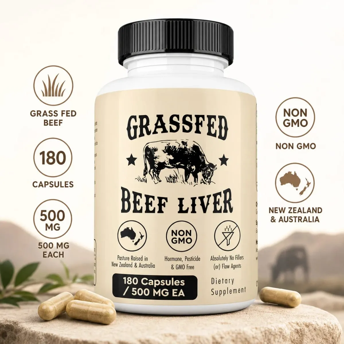 Grassfed Beef Liver Capsules 500mg Each Pasture Raised Bovine Liver Supplement Non GMO 180 Capsules — image 1