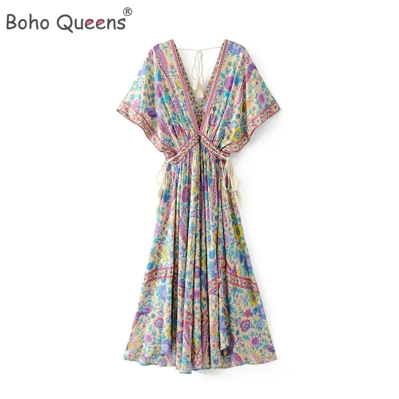 Boho Queens mujeres Pavo Real estampado Floral manga murciélago playa bohemio Maxi Vestidos señoras cuello en V borla vestido de verano Vestidos