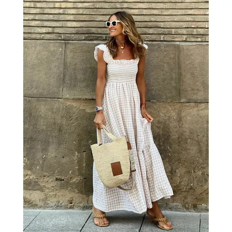 Elegant Plaid Slip Maxi Long Dress Summer Women Strapless Ruffle Backless Pleated Elastic Waist Boho Party Swing Loose Dresses