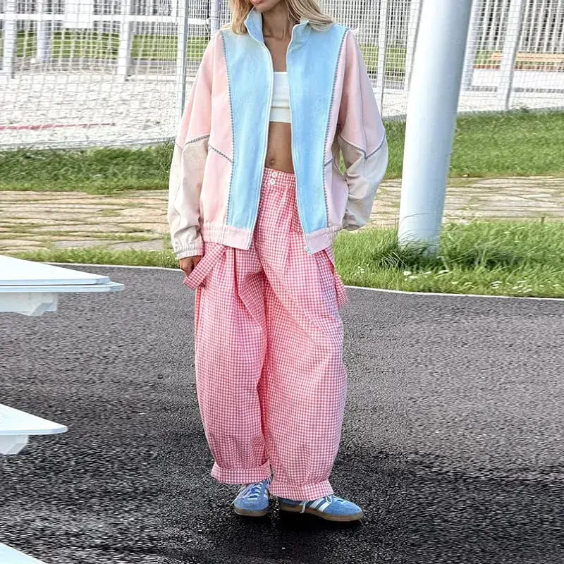 Polka Dot Cropped Windbreaker Jacket Contrast Pink Seam Piping Side Pockets Loose Outerwear 2026 Autumn Street Daily Lady Coat