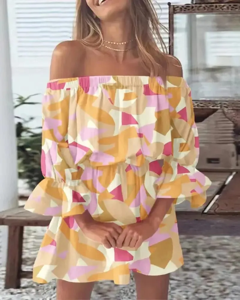 Women Off-Shoulder Ruffled Sleeve Printed Dress with Casual Boho Style for Beach or Vacation Occasions