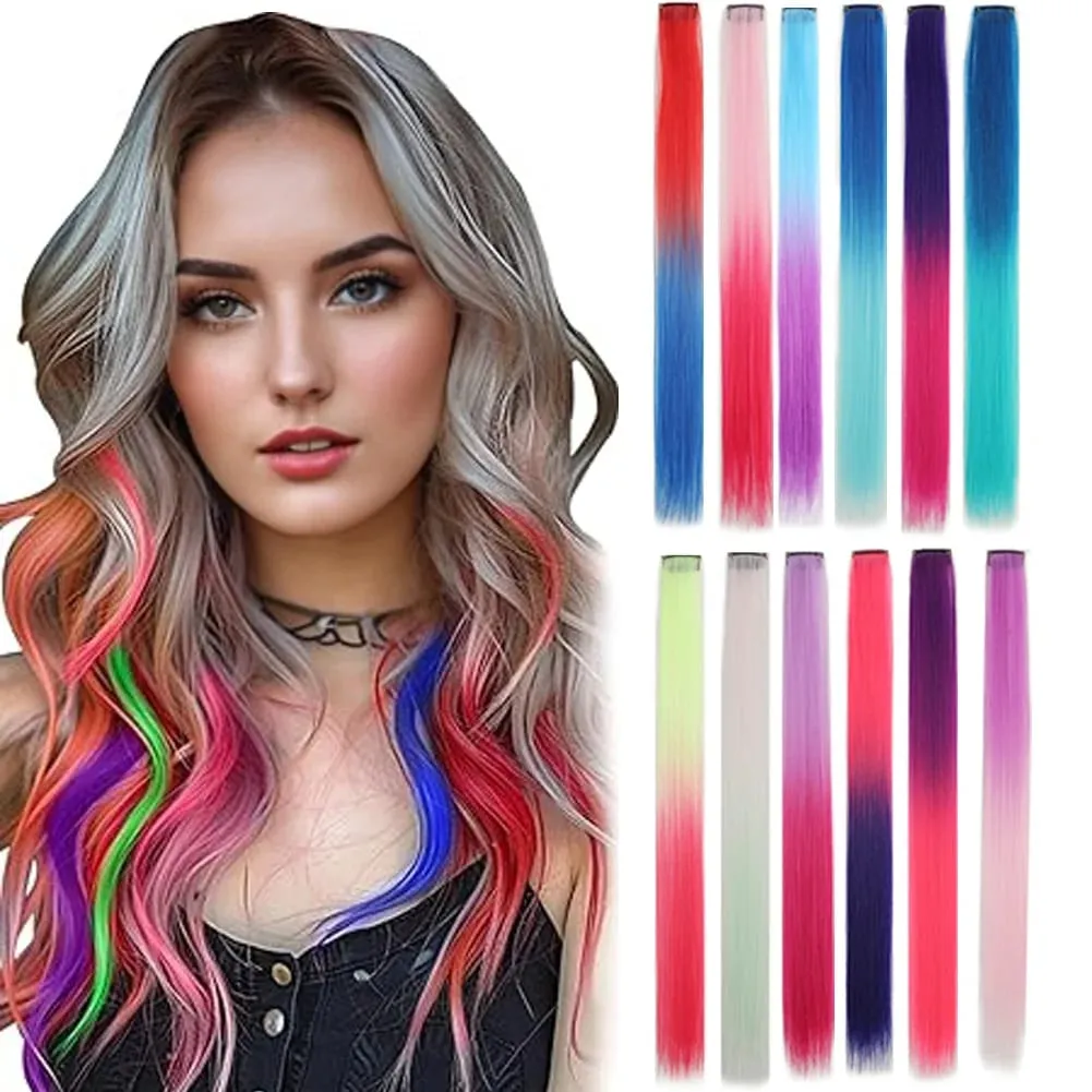 10pcs Colored Party Highlights Clip in Hair Extensions for Girls 18 inches Omber 2 colors Straight Hair Synthetic Hairpieces