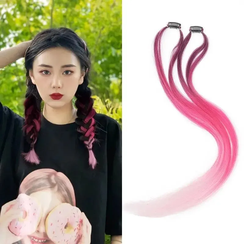 2PCS 60cm Synthetic Long Straight Hair Clips Rainbow Hair Extension Colored Red Green Blue Hairpiece for Women