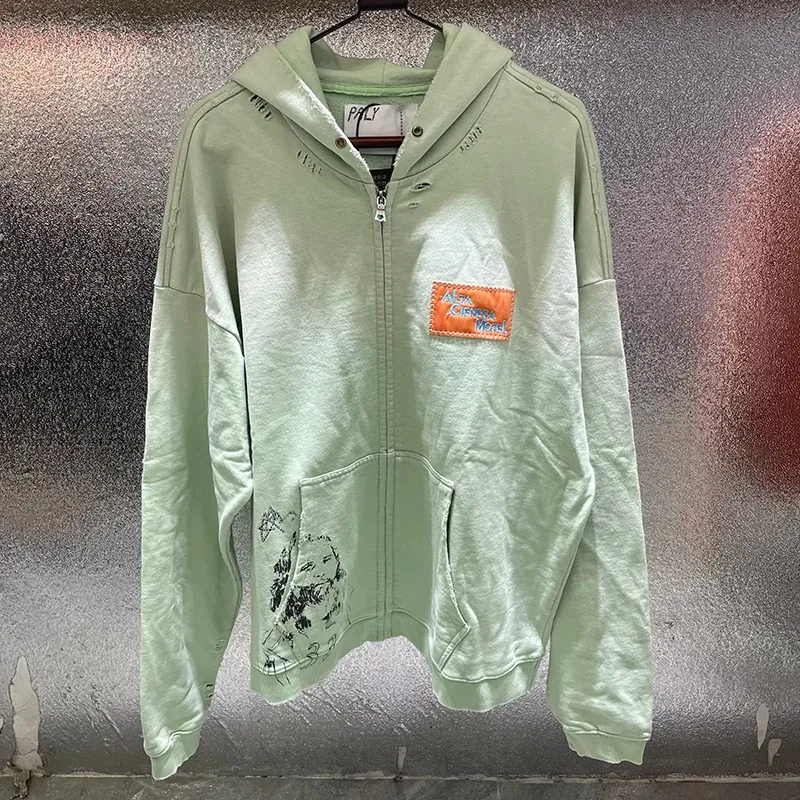 Washed Graffiti PALY Hoodies Men Woman Vintage Damaged Hole Old New Autumn Winter Zipper Hooded Pullovers Sweatshirts