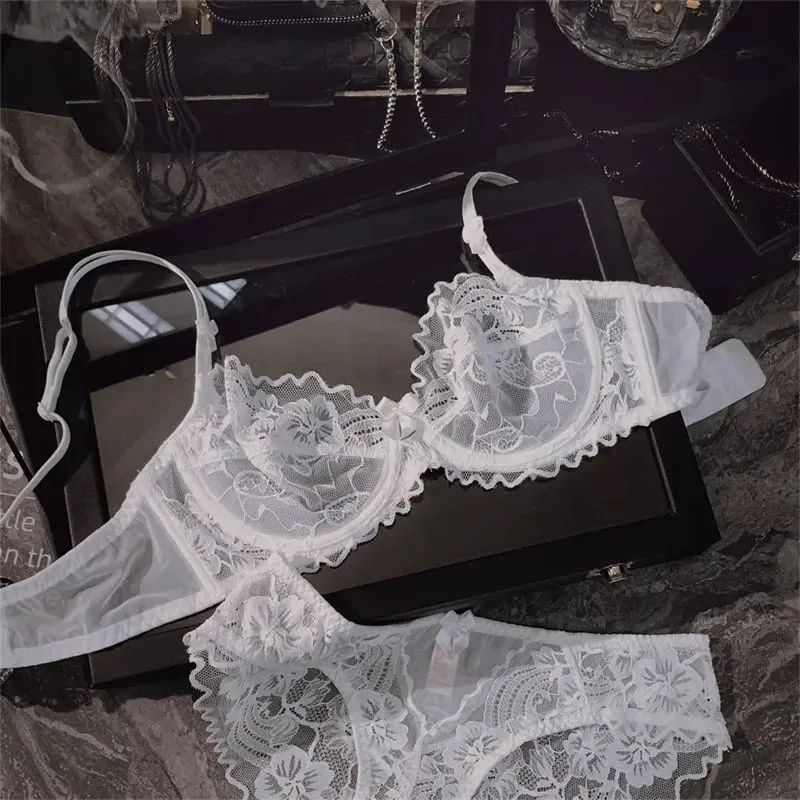 French Ultra Thin Sheer Lace Bra Set Underwire Perspective Beauty Back Large Bust Minimizer Side Shaping Anti Sag 32-38 Bra Set
