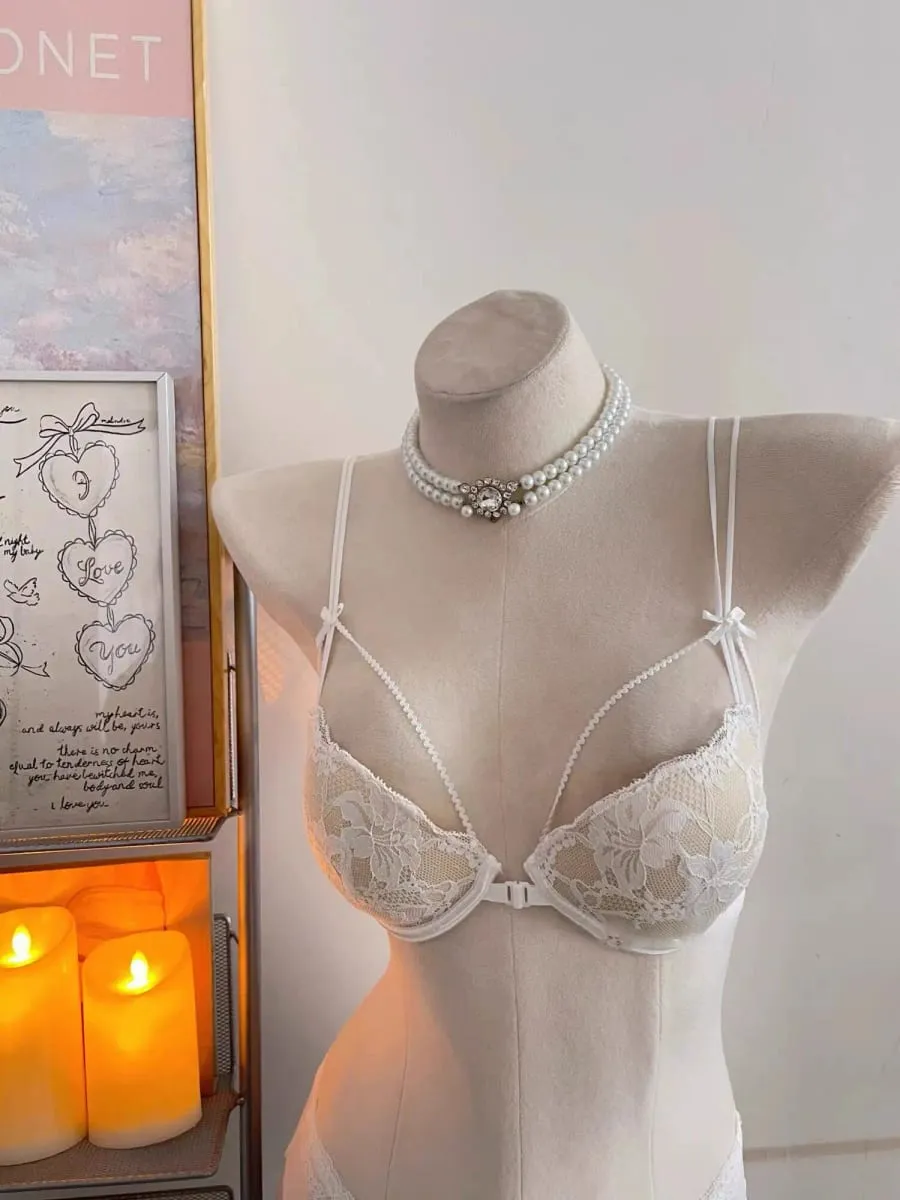 Minimal Coquette Lace Front Clasp Bra & Set Wirefree Thin Straps Beauty Back Side Wrap Support Small Bust Curvy Light Intimates