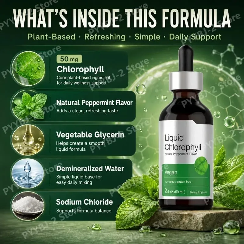 Chlorophyll Liquid Drops Mint Flavor 59ml with Herbal Plant Extract Natural Dietary Supplement Mix with Water for Consumption