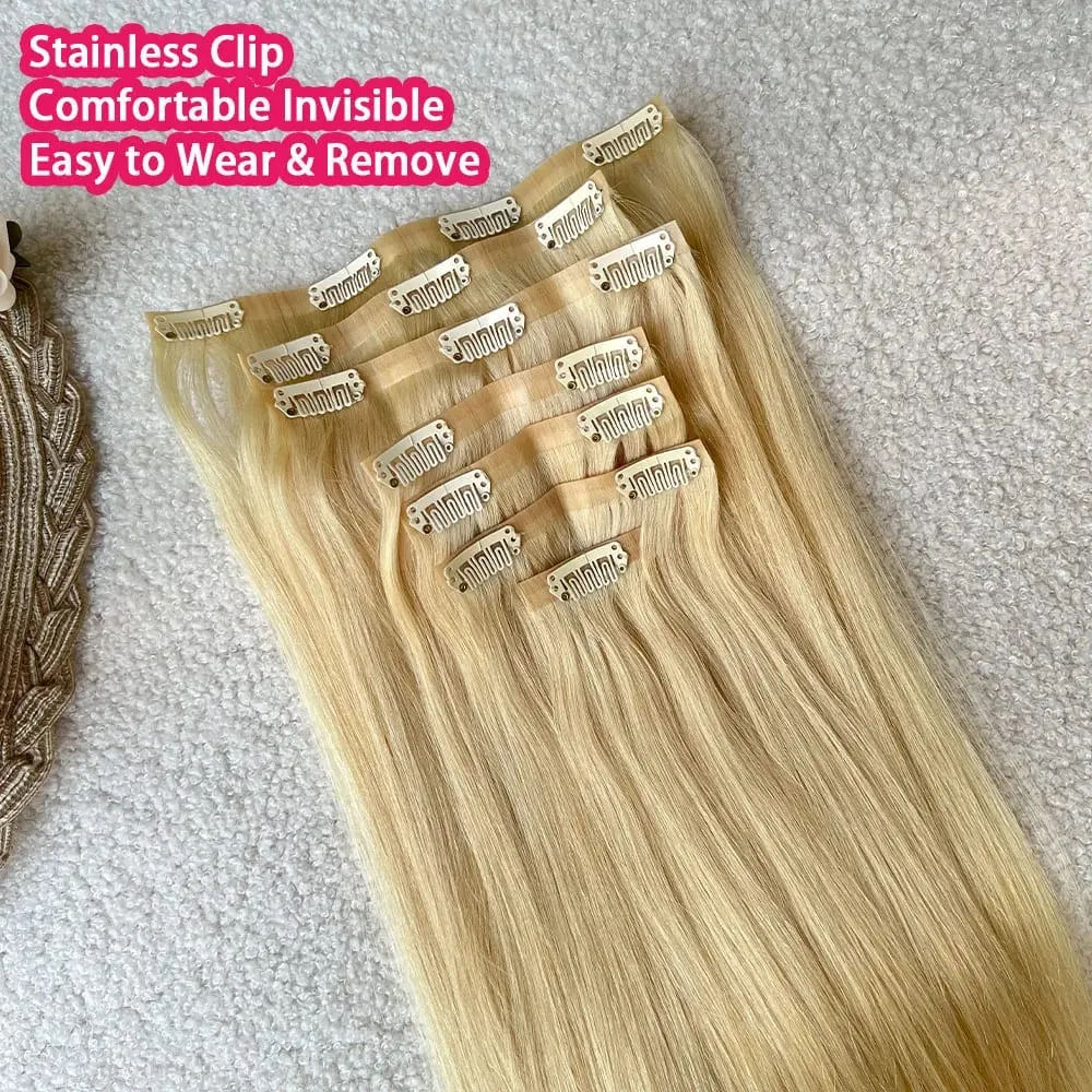 #613 Blonde Clip in Hair Extensions Human Hair Straight Virgin Human Hair Extensions Clip ins for Women 120g/7Pcs