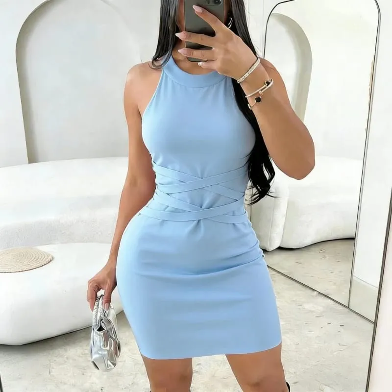 Women's Green Halter Neck Crisscross Bandage Sundress Stretchy Ribbed Knit Bodycon Mini Dress Party Clubwear Dress Outfits