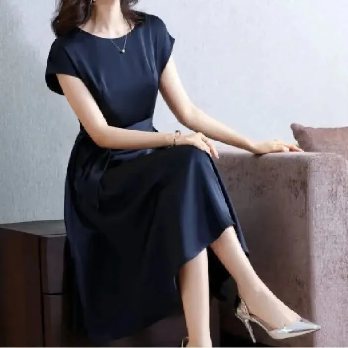Casual Loose plus Size Solid Color Dress Women's Summer New Style Cool Mom Clothes Long Midi Dress Slimming Effect