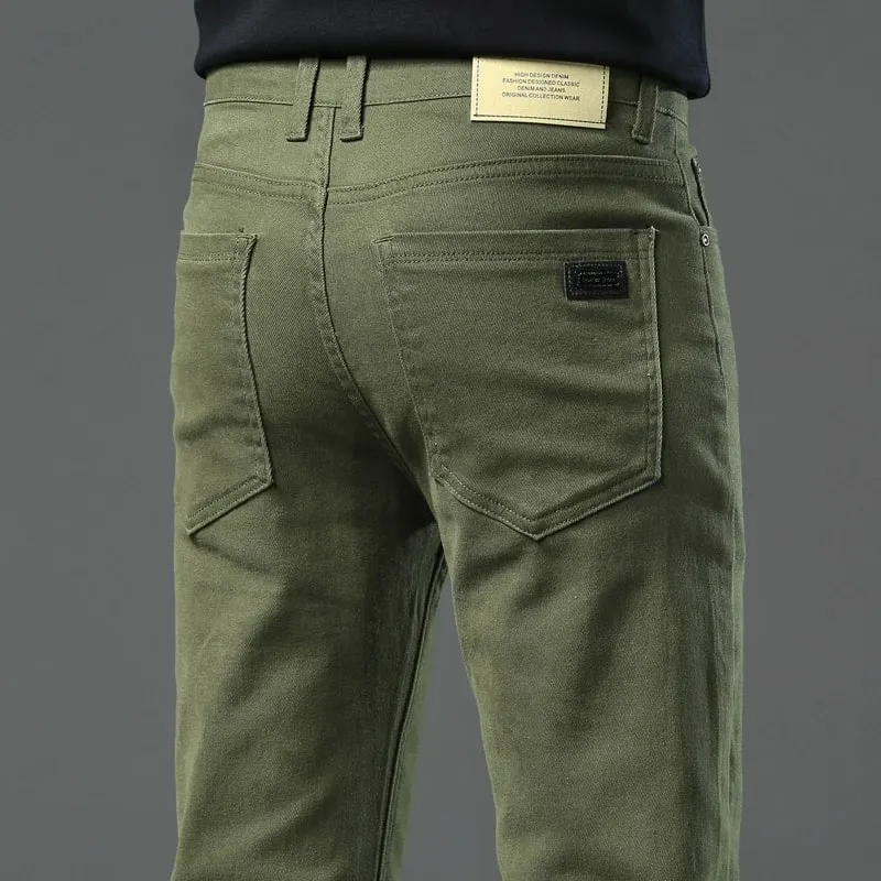 ArmyGreen Elastic Cotton Jeans Men's Spring Fashion Slim Straight Denim Pants Comfort Large Size Korean Business Casual Trousers