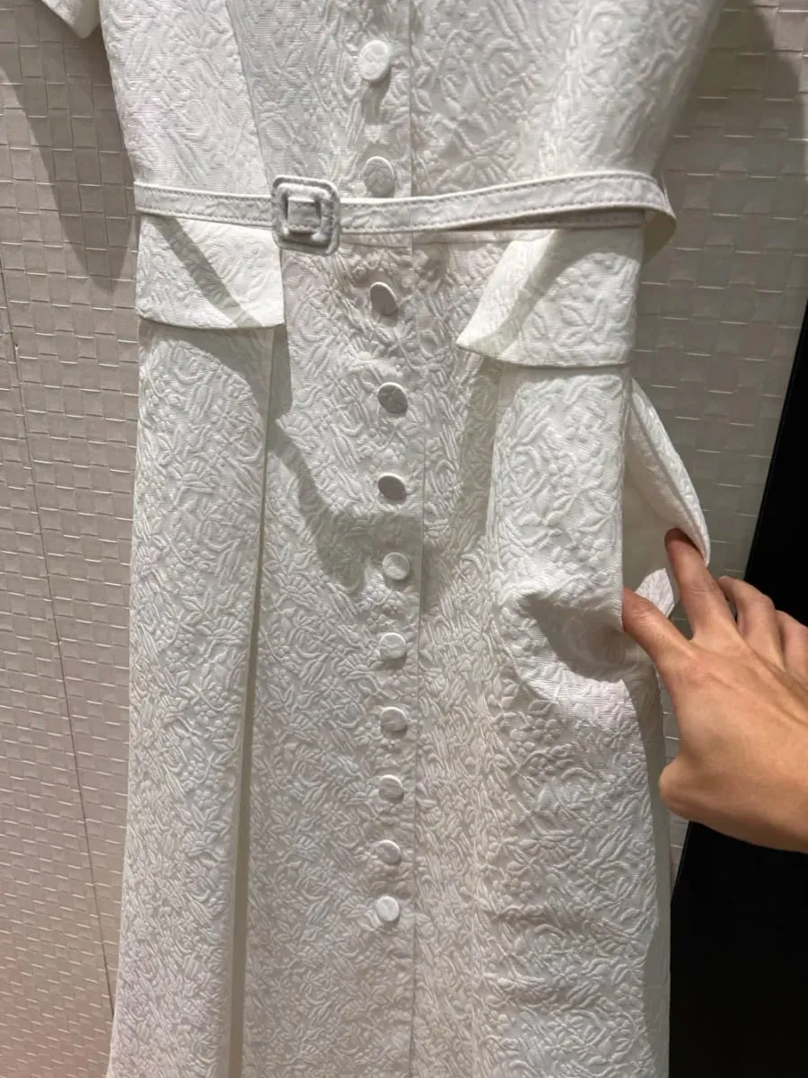 3D flowers embossed pattern 2026 spring women single breasted long dresses belt pockets dress black white — image 4
