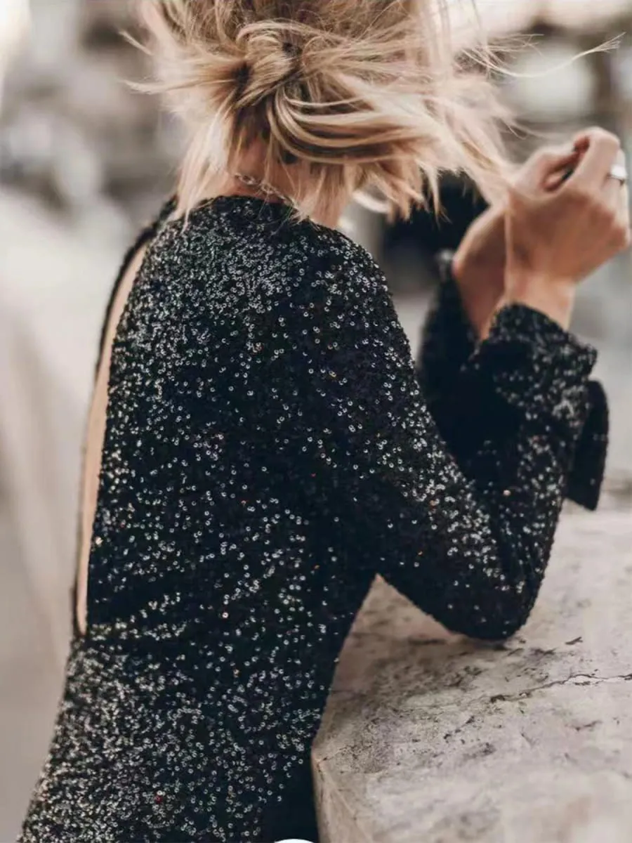 Trendy Sexy Glitter Sequin Shiny Club Party Dress Women Spring O-neck Backless Button Hip Dress Fall Long Sleeve Slim Mini Dress