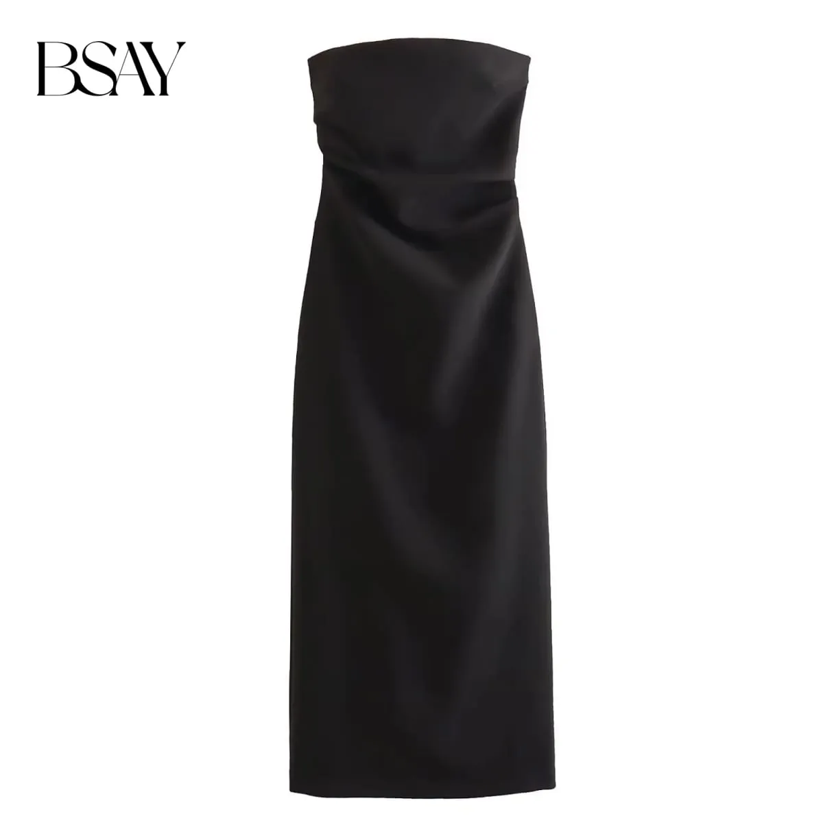 Women Fashion Summer New Sexy Split Back Zip Pleated Sleeveless Strapless Dress Chic Female French Elegant Evening