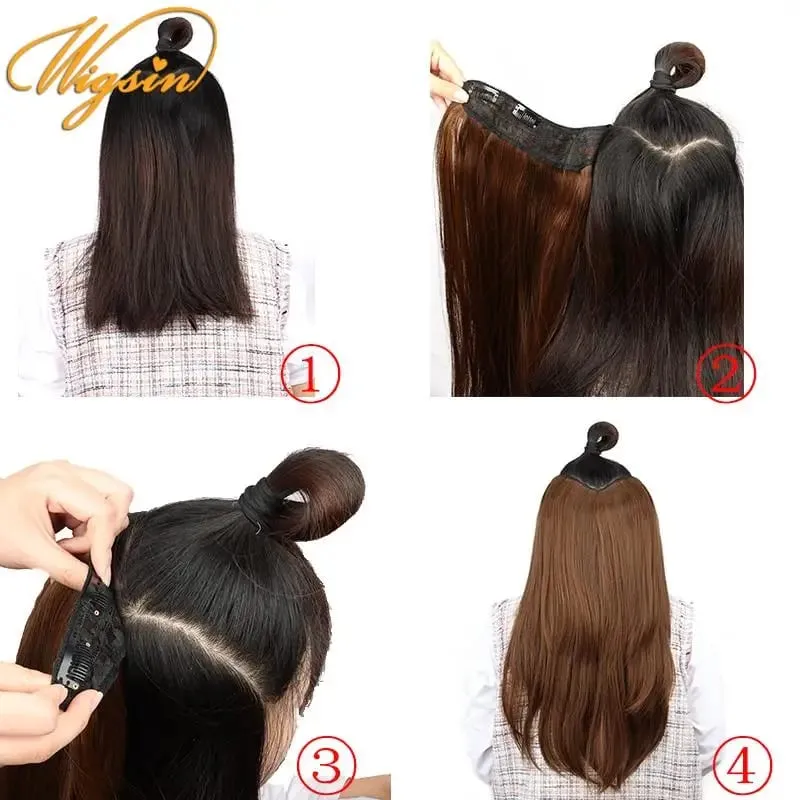 Extension de cheveux synthétiques 55cm en forme de V, postiche longue et lisse avec 4 Clips, postiche Invisible naturelle pour femmes